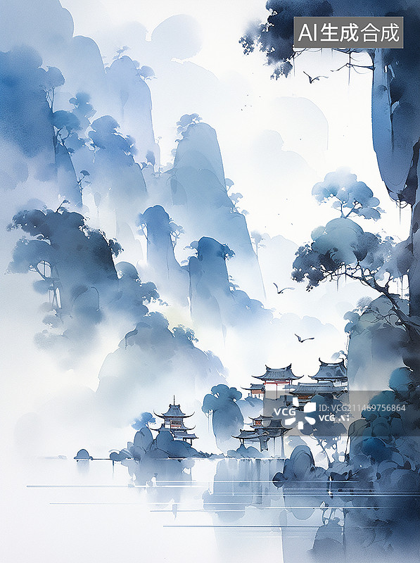 【AI数字艺术】青花瓷中国山水图片素材