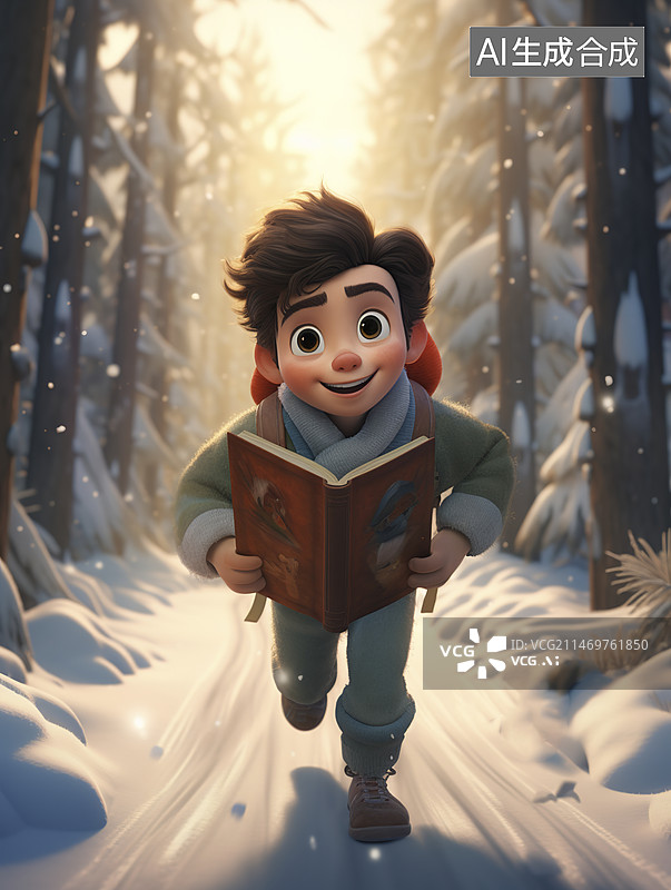 【AI数字艺术】学生放学后拿着书本欢快的在雪地里奔跑图片素材