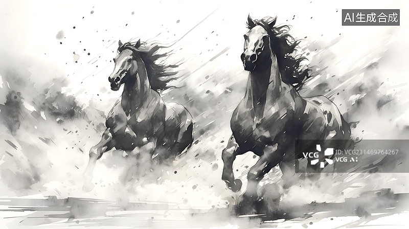 【AI数字艺术】马在奔驰水墨水彩画图片素材