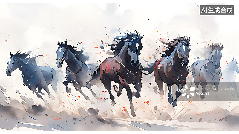 【AI数字艺术】马在奔驰水墨水彩画图片素材