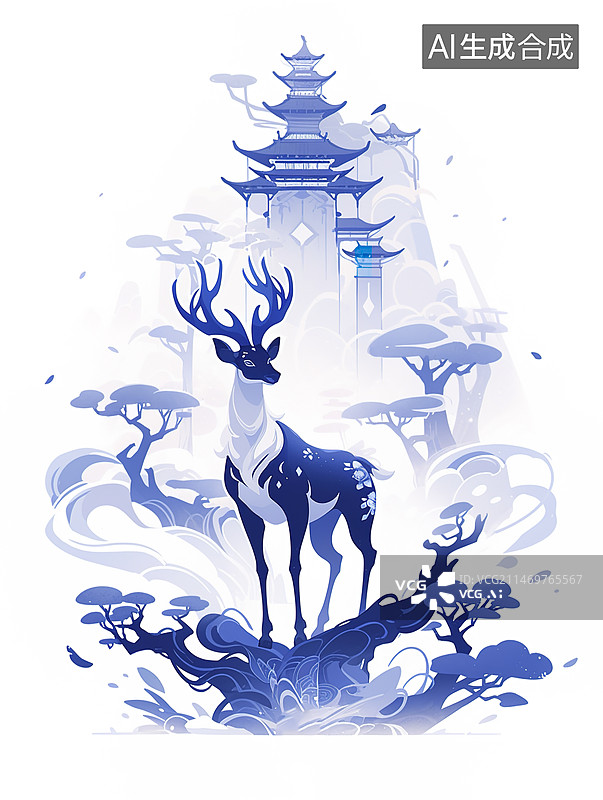 【AI数字艺术】水墨青花梅花鹿图片素材