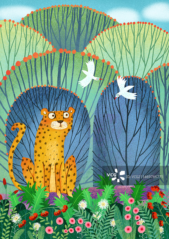 萌趣可爱的动物主题插画 坐在草地上的金钱豹图片素材