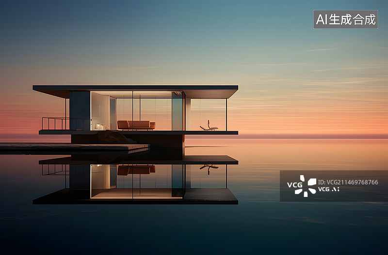 【AI数字艺术】现代城市水上建筑夜景图片素材