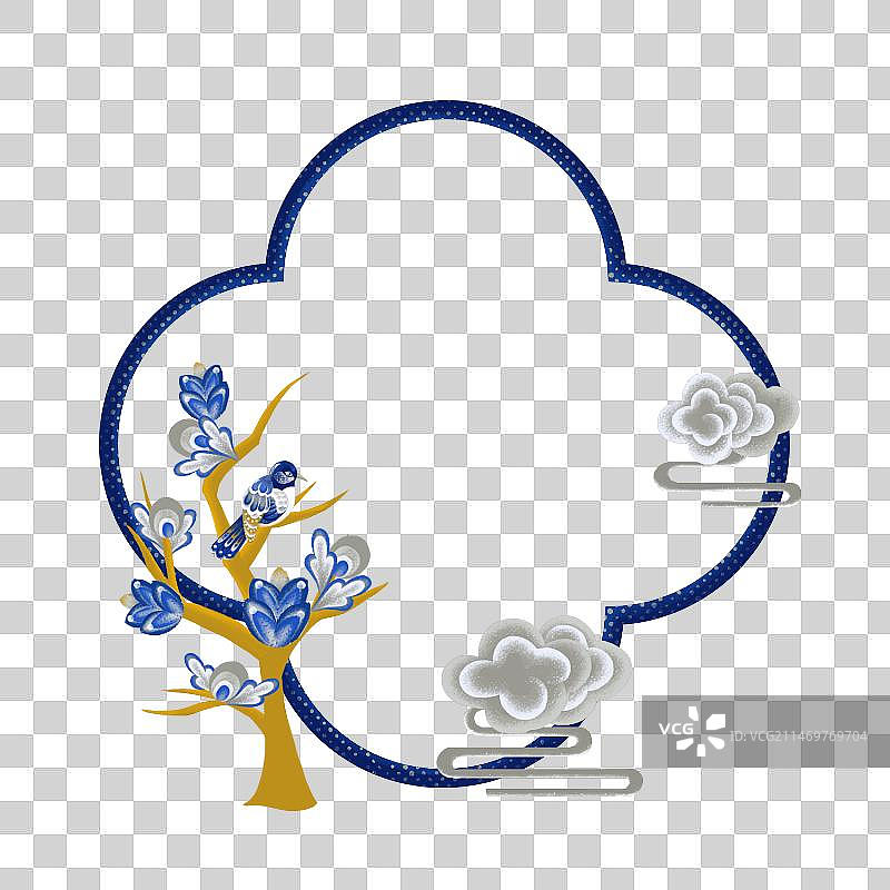 新中式青花瓷花纹云纹花鸟树木边框纹样传统图案国风纹样图片素材