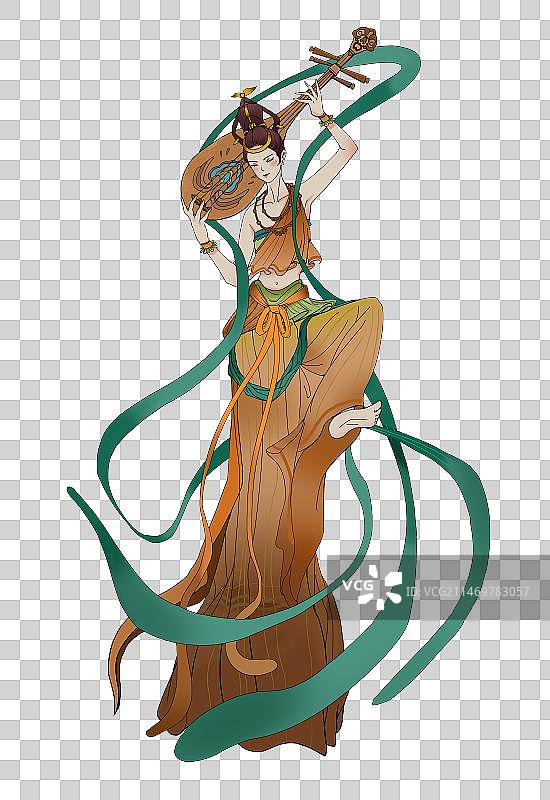 敦煌飞天弹琵琶绿色飘带橙色衣服元素图片素材