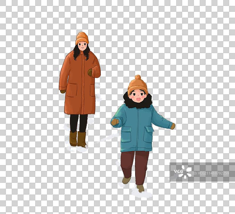 治愈系小清新插画冬天一位妈妈带着小孩玩耍图片素材