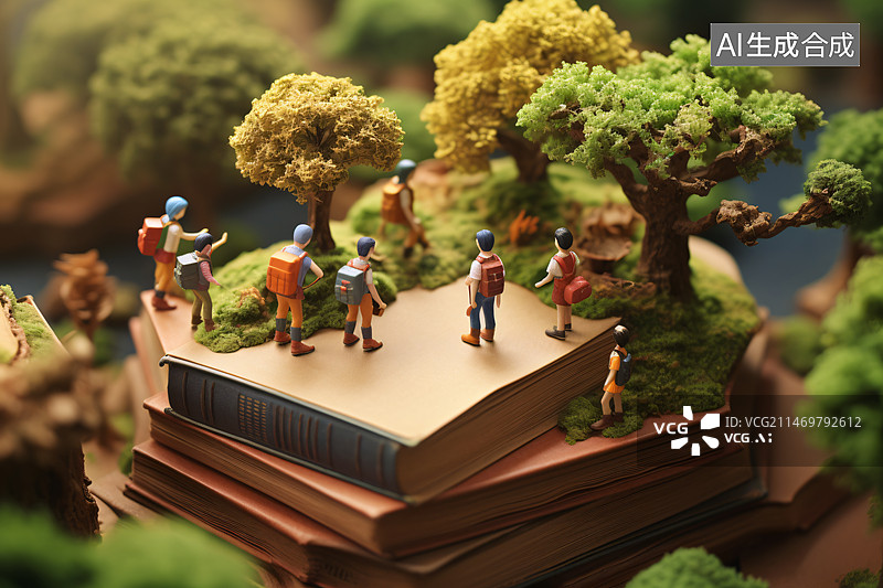 【AI数字艺术】泥塑模型小孩背着书包走在书籍搭建的“书林”微距场景图片素材