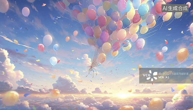 【AI数字艺术】飞上蓝天云层的彩色气球图片素材