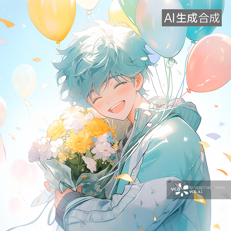 【AI数字艺术】二次元气球少年插画图片素材