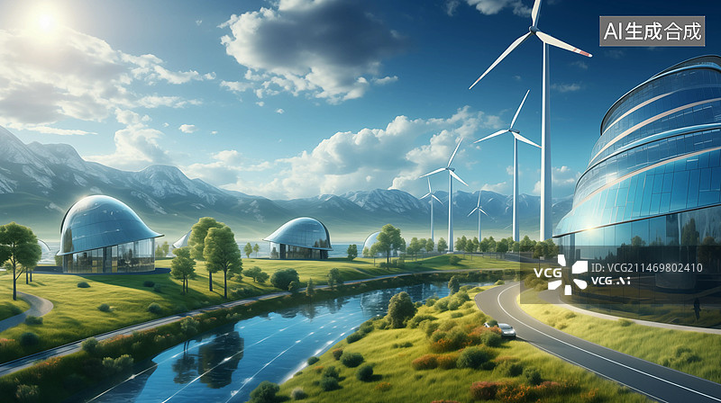 【AI数字艺术】高山下的风车，未来能源，新能源图片素材