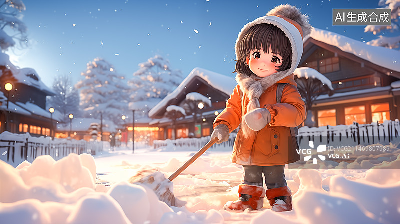 【AI数字艺术】中国东北的孩子在扫雪图片素材