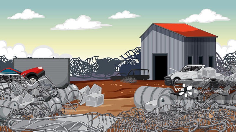 充满活力的户外卡通场景：废品回收站图片素材