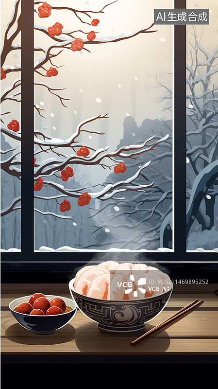 【AI数字艺术】窗外大雪远山桌子盘子大碗饺子餐具新年窗户海报背景插画图片素材