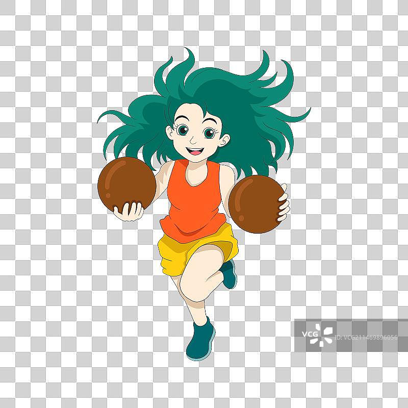 绿发女孩拿着两个球图片素材