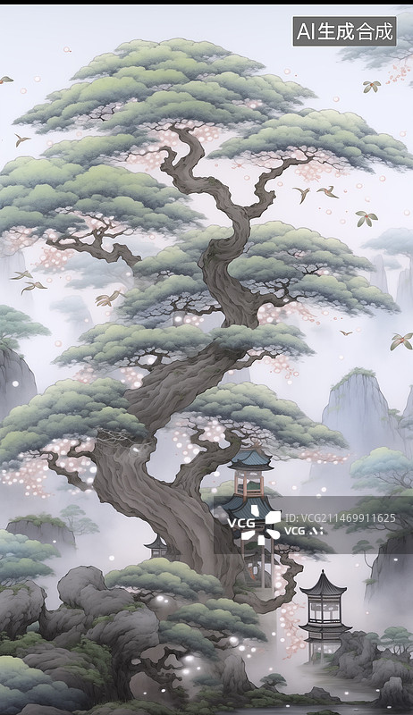 【AI数字艺术】插画，国画，海报，插图，模板，元素，工笔画，宋代山水，仙气飘飘，风景，美丽，扁平风，国潮风，意境，图片素材