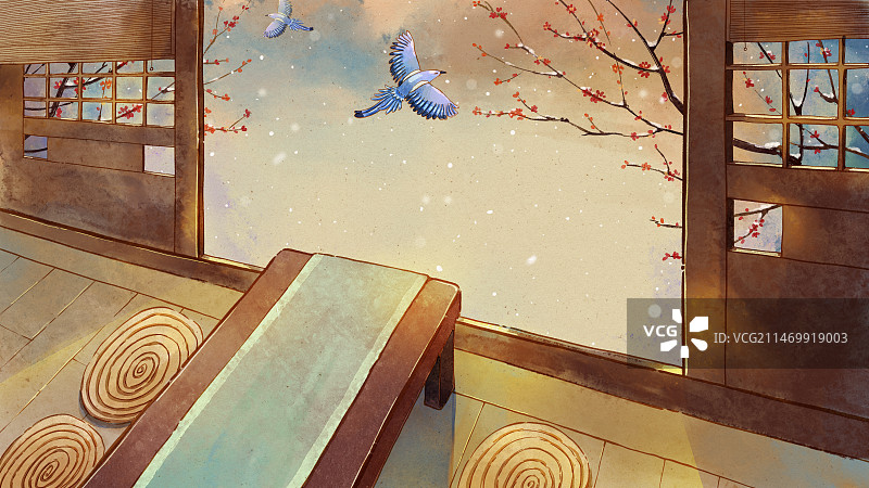 中式建筑门厅门口的冬天雪景场景插画图片素材