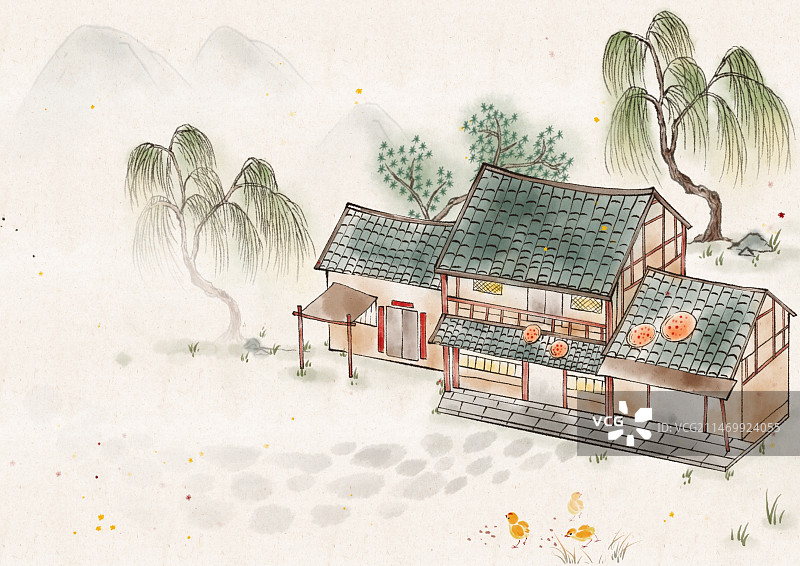 手绘国风家园场景图片素材