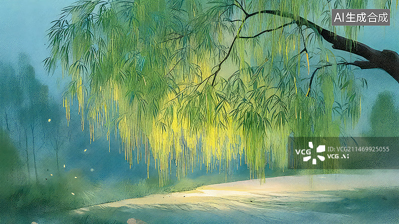 【AI数字艺术】垂柳，碧绿色彩春天的柳树插画图片素材