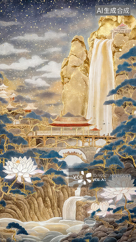 【AI数字艺术】诗意山水中国风的简约插画带有楼宇建筑的图片素材