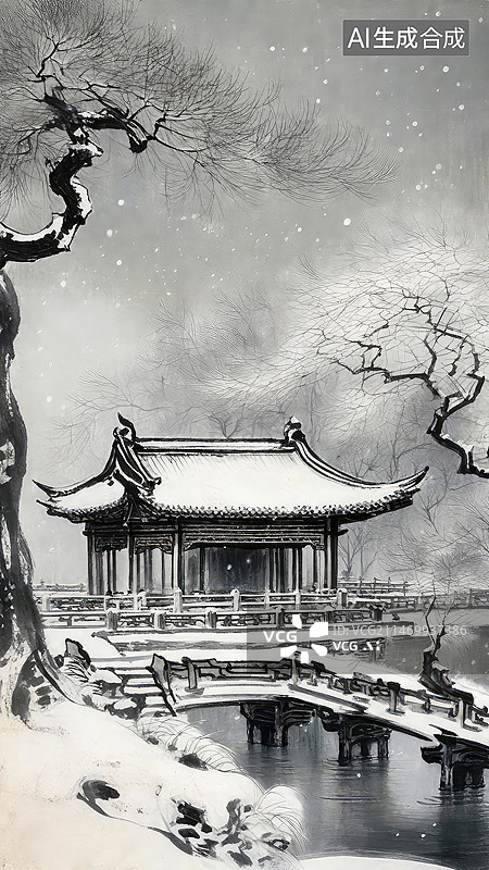 【AI数字艺术】诗意山水中国风的简约插画带有楼宇建筑的图片素材