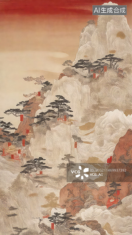 【AI数字艺术】诗意山水中国风的简约插画带有楼宇建筑的图片素材