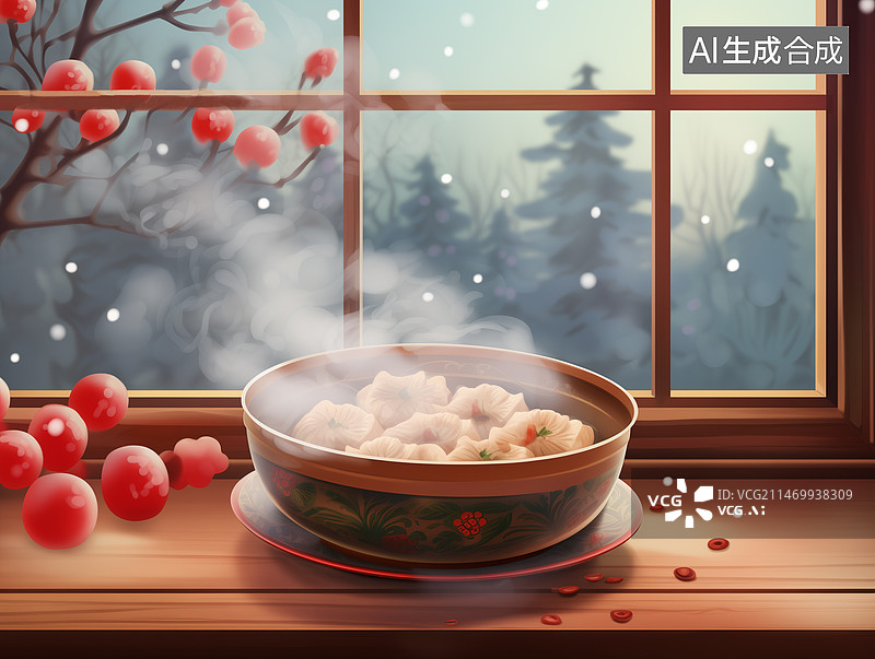 【AI数字艺术】冬天窗台的热饺子图片素材