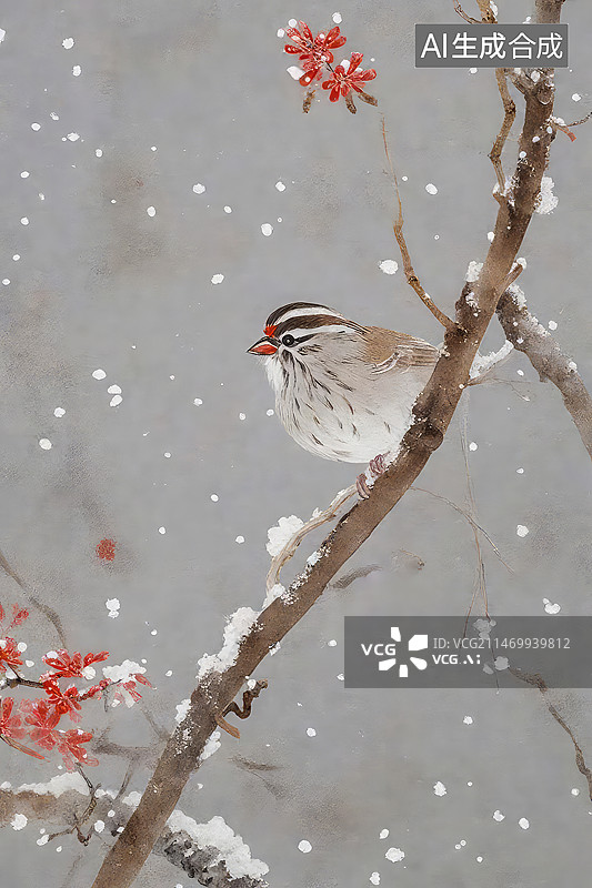 【AI数字艺术】麻雀雪景在下雪的纸条上站立图片素材