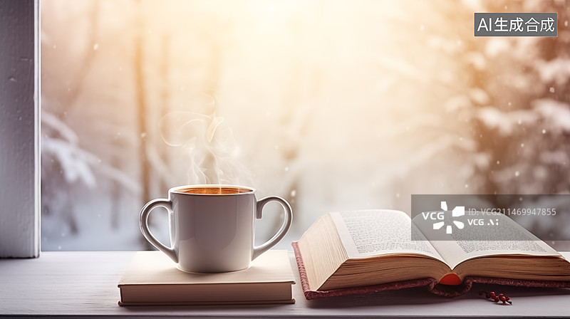 【AI数字艺术】冬天静物咖啡书籍在窗台欣赏雪景图片素材