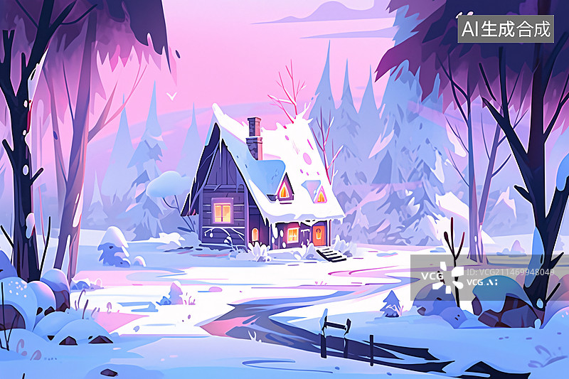 【AI数字艺术】冬季森林雪地场景插画，雪天森林中的小屋概念插图图片素材