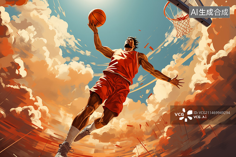 【AI数字艺术】涂鸦风格篮球运动员正在灌篮,仰视视角图片素材