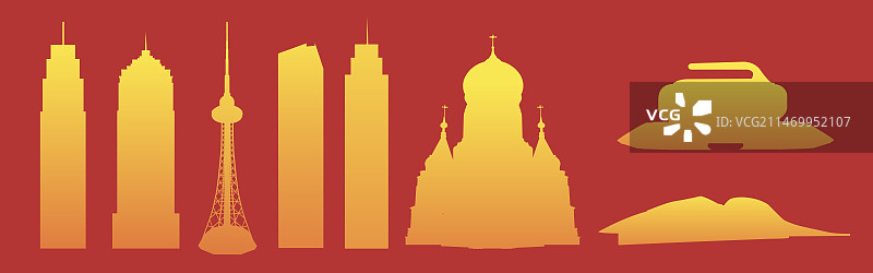 红金哈尔滨城市天际线建筑剪影插画，哈尔滨亚冬会高端庆典企业宣传插画一带一路丝绸之路图片素材