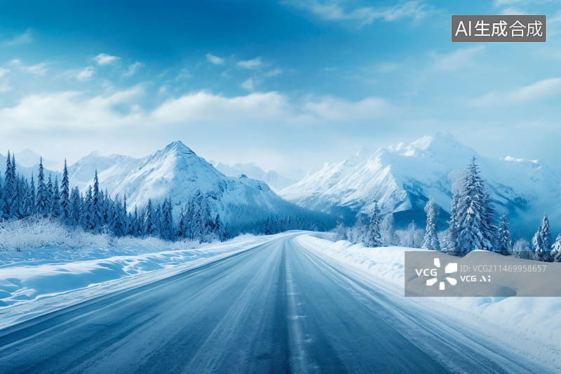 【AI数字艺术】冬季雪山公路路面图片素材