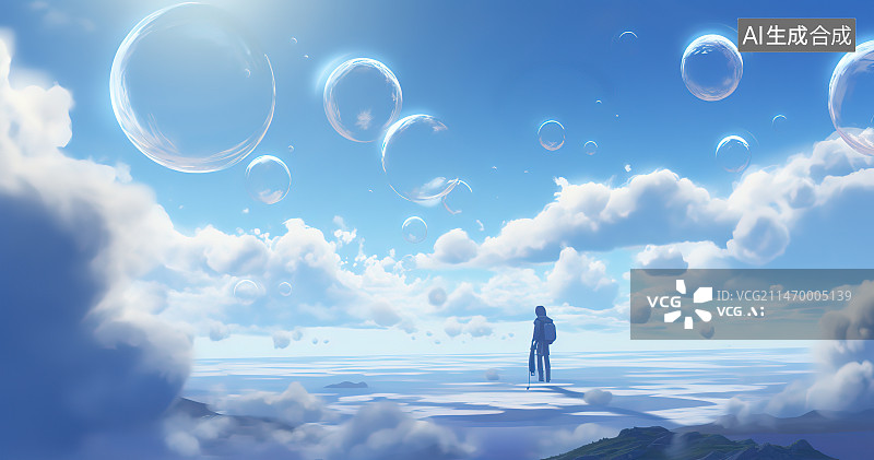 【AI数字艺术】人在蓝色的天空中滑翔伞的低角度视图图片素材