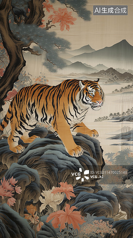 【AI数字艺术】猛虎下山复古国画图片素材