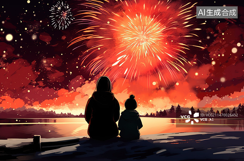 【AI数字艺术】一对夫妇坐在湖边看烟花表演图片素材