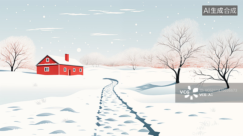 【AI数字艺术】平面插画雪中红色木屋雪景雪地脚印图片素材