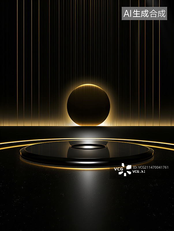 【AI数字艺术】黑金风奢华瀑布流水展台背景图片素材