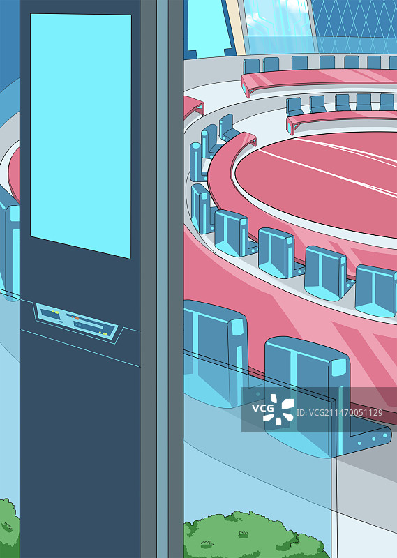 插画二次元原画风俯视视角科技室内显示屏幕柱子和座椅与红色桌子图片素材