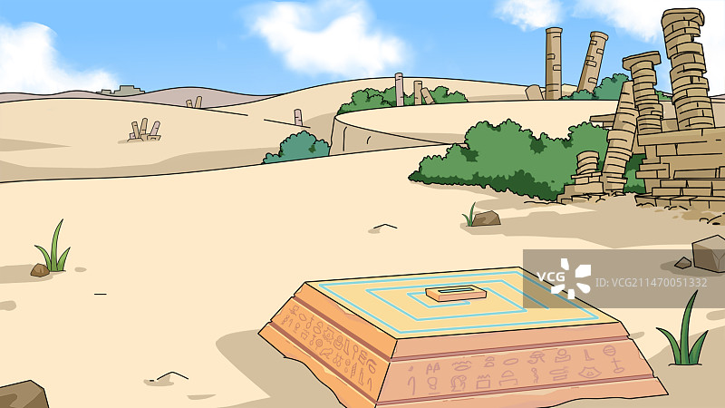 插画二次元原画风俯视视角日景沙漠与古代石台与废墟建筑遗址图片素材