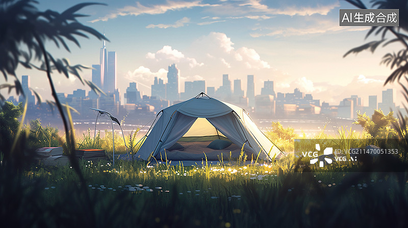 【AI数字艺术】草地上的露营帐篷城市天际线卡通插画背景图片素材