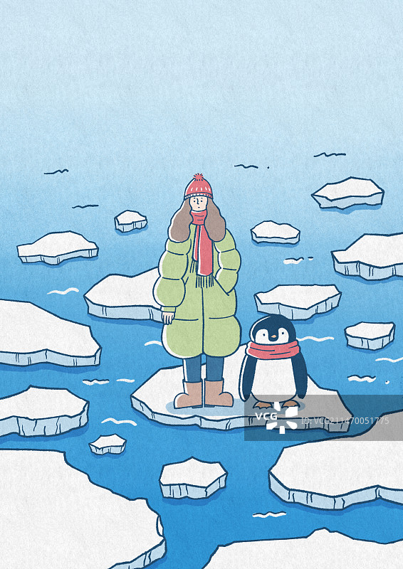 站在浮冰上的女人和企鹅图片素材