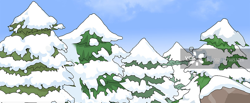 插画二次元原画风仰视视角日景冬季雪景和松树树林石头图片素材