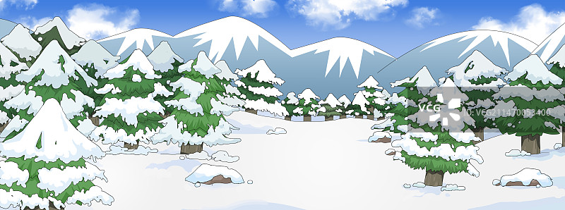 插画二次元原画风平视视角室外日景雪后树林松树与雪地图片素材