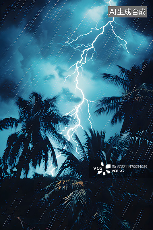 【AI数字艺术】AIGC:热带雨林的下雨天 闪电 台风 天气预报图片素材