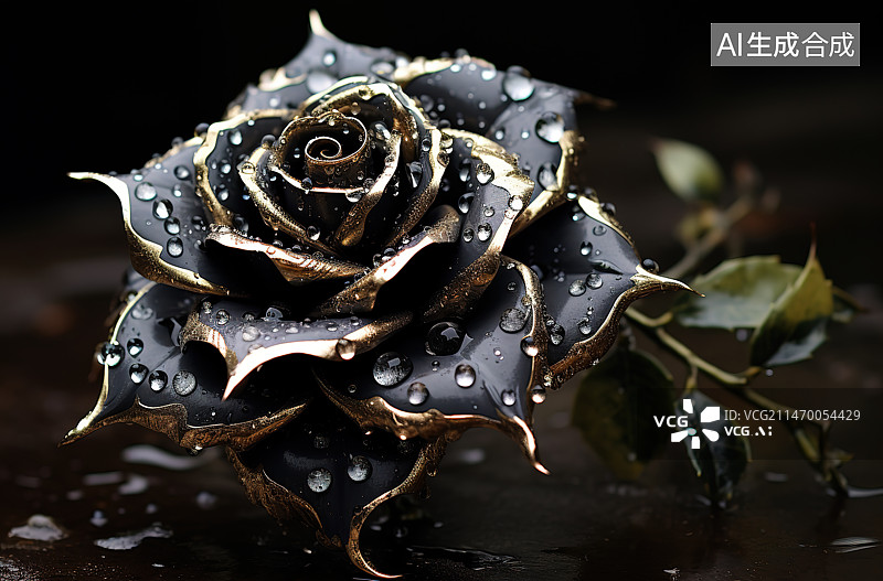 【AI数字艺术】黑色背景下湿玫瑰的特写镜头图片素材