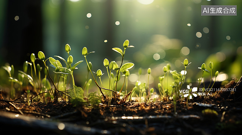 【AI数字艺术】森林泥土中的小树苗种子发芽生长特写图片素材