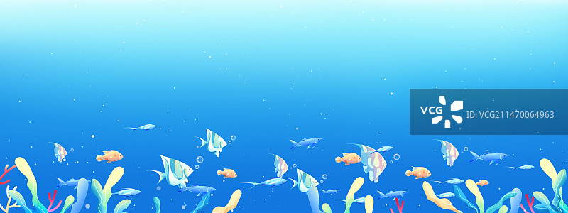 蓝色唯美卡通海底珊瑚鱼群插画图片素材