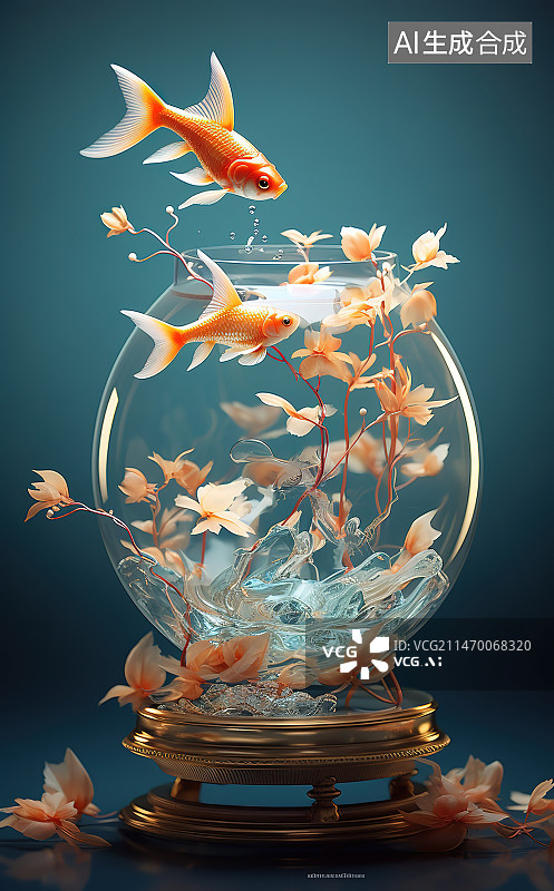 【AI数字艺术】金鱼在鱼缸里游泳的特写镜头图片素材