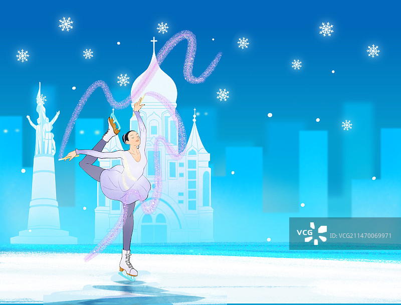 下雪的夜晚在冰雪上花样滑冰的女孩哈尔滨城市插画图片素材