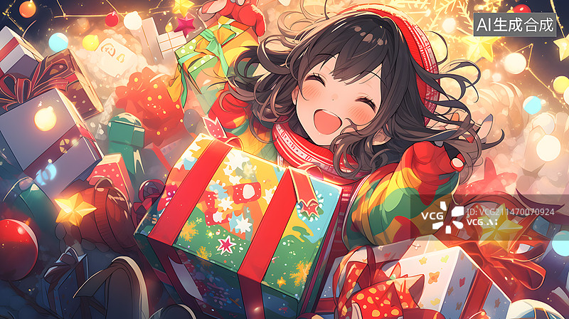 【AI数字艺术】圣诞节小女孩卡通插画图片素材